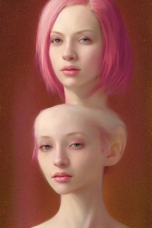 Prompt: “Portrait of a Beautiful pale skin female with short pink hair, elegant, digital painting, highly detailed, artstation, concept art, smooth, sharp focus, gold, neon lighting, illustration, art by Klimt and Ayami Kohima .”