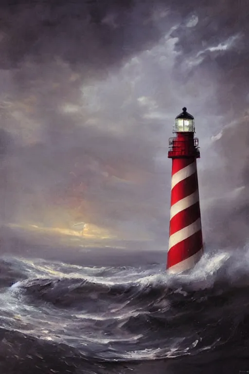 Image similar to a red and white lighthouse inside a clear bottle, very fancy whiskey bottle, masterpiece painting by greg rutkowski and daytoner