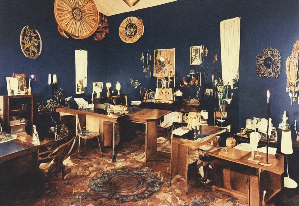 Image similar to 1970s color interior magazine photo of a witchy office with dark blue walls, with candles on shelves, wooden walls with framed occult art with esoteric symbols, with natural dappled light coming in through a circular window, in an attic