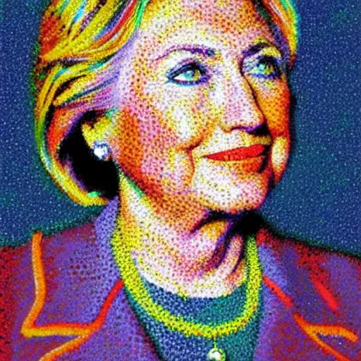 Image similar to very very very colorful pointillist portrait of hillary clinton wearing a beautiful necklace, painted by georges seurat