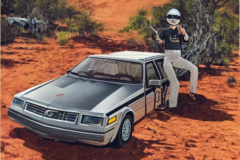 Prompt: a 1 9 8 5 electronics ad depicting a commodore 6 4 sitting on a desert trail. i'm the background is a fantasy castle. chrome font. art in the style of andy zito