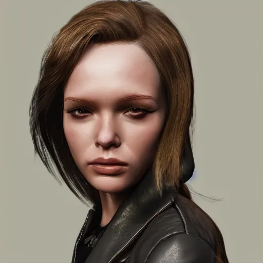 Image similar to a portrait of a female wearing a leather jacket, trending on artstation, artstationhd, artstationhq, cycles render, octane render, unreal engine, vray