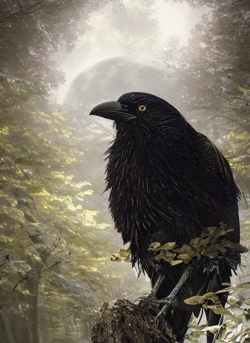 Prompt: glowing silver and golden elements, full close-up portrait, realistic crow, book cover, green forest, white moon, establishing shot, extremly high detail, photo-realistic, cinematic lighting, by Yoshitaka Amano, Ruan Jia, Kentaro Miura, Artgerm, post processed, concept art, artstation, matte painting, style by eddie mendoza, raphael lacoste, alex ross