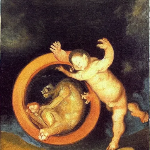 Image similar to Garfield as Saturn devouring his son, painted by Goya, oil on canvas