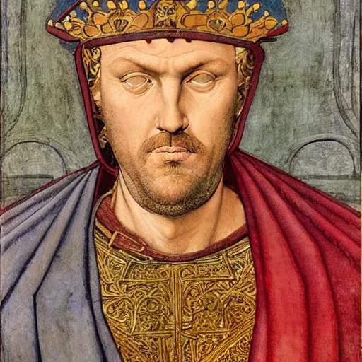 Image similar to portrait of Greg Davies as a medieval Byzantine emperor, by Angus McBride, Gentile Bellini, Piero della Francesca, and Arthur Rackham. HD face portrait.