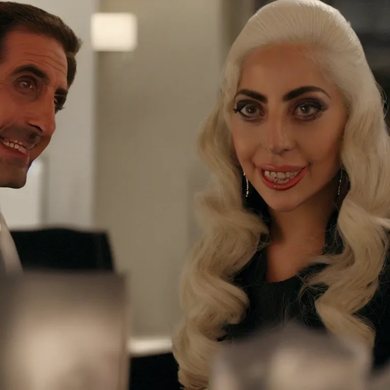 Prompt: confused lady gaga looking at the camera while michael scott smiles behind her, from the office ( 2 0 0 5 ), detailed background, uhd, low light, cinematic, realistic, clear face, clear eyes.