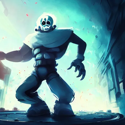 Image similar to super powerful sans, speedy pose, character portrait, undertale, fan art, alternate universe, epic, cool, awesome, digital art, by marco bucci and greg rutkowski, sharp focus, detailed, cinematic, chaotic