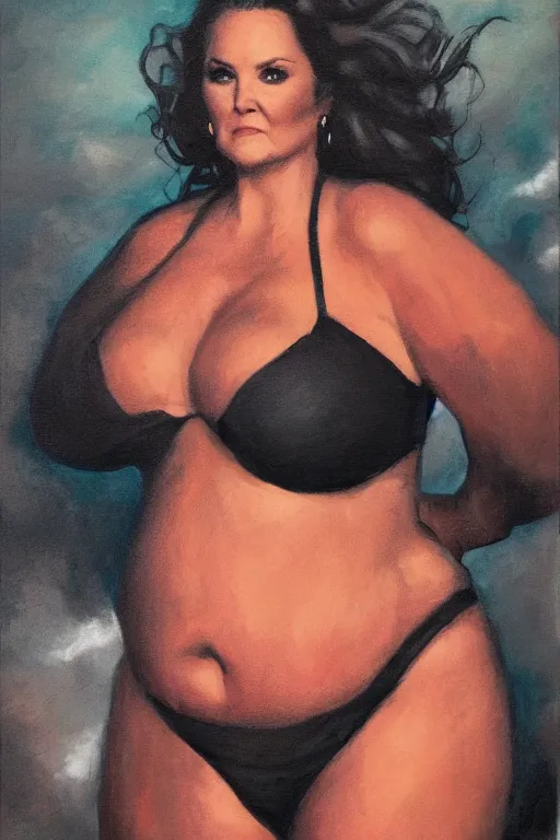 Image similar to a detailed upper body portrait of lynda carter as a fat obese bikini model. vintage polaroid filter. oil on canvas, black oil bath. in the style of thomas kincade, ross tran, and dan mumford.