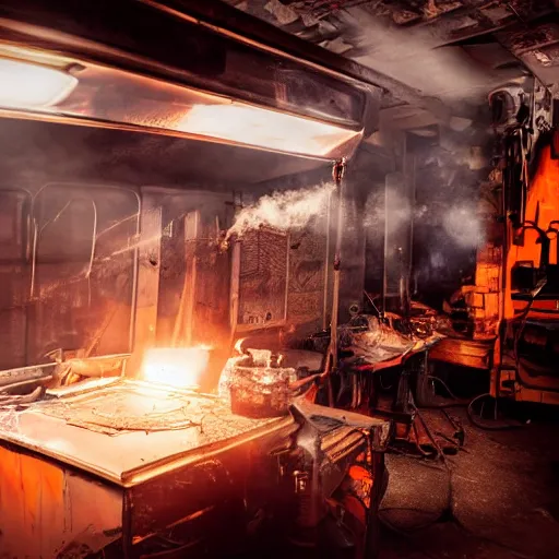 Image similar to cyborg toaster oven repairman, dark messy smoke - filled cluttered workshop, dark, dramatic lighting, orange tint, sparks, plasma rays, cinematic, highly detailed, sci - fi, futuristic, movie still