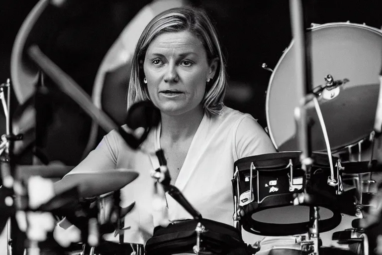 Prompt: A photo of The Prime Minister of Sweden, Magdalena Andersson, playing a drums on stage. character photography, Exquisite detail, post-processing, moody light, bokeh, photorealistic. Photo by Stanley Kubrick