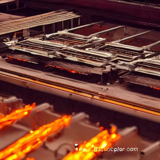 Image similar to line of toaster oven mecha heads on conveyor belt, dark messy smoke - filled cluttered workshop, dark, dramatic lighting, orange tint, sparks, cinematic, highly detailed, sci - fi, futuristic, movie still