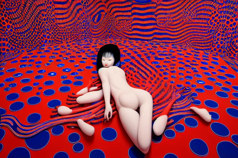 Prompt: hyperrealistic detailed image of a geisha laying in a art installation room, interior by yayoi kusama, part by kei mieno, part by alex gray, part by ross tran, part by james jean, ultra realistic, highly detailed, life like face, detailed body, 8 k, octane render, trending on artstation, very cohesive, masterpiece