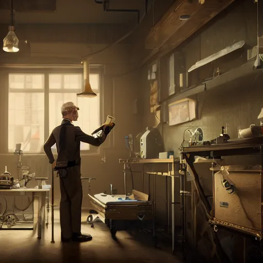 Image similar to muted colors, steampunk, 3 d octane render, unreal engine, realistic, and old professor standing in his laboratory inspecting gadgets, detailed, cinematic lighting