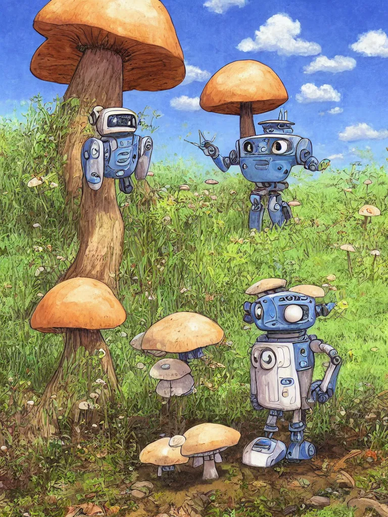 Image similar to portrait painting of a rustic robot sitting under a tree, mushroom, in the style of Studio Ghibli, by Hayao Miyazaki, high quality, detailed, 8k, amazing
