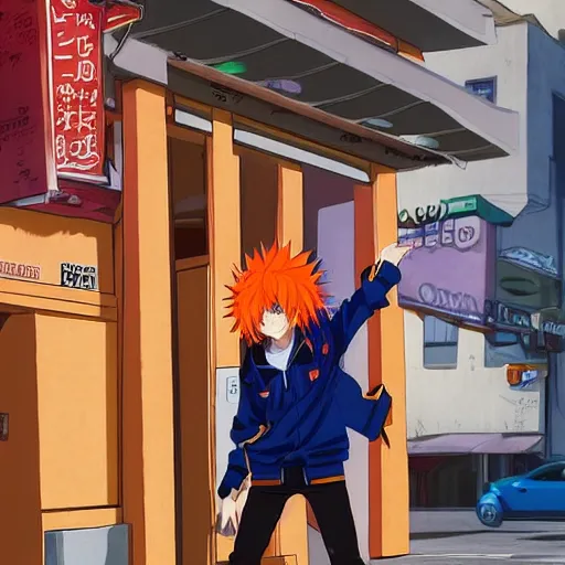 Image similar to orange - haired anime boy, 1 7 - year - old anime boy with wild spiky hair, wearing blue jacket, battle aura, in front of ramen shop, strong lighting, strong shadows, vivid hues, raytracing, sharp details, subsurface scattering, intricate details, hd anime, high - budget anime movie, 2 0 2 1 anime