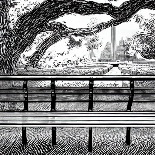 Image similar to A park bench in New york by Kentaro Miura in the style of Berserk Manga, anime, artstation, 4k, manga