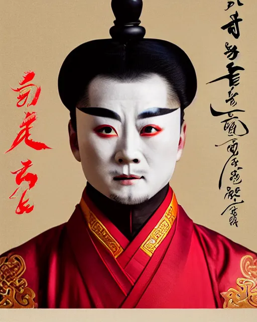 Prompt: photo of a Dramatic Peking Opera male character with arabic text calligraphy words painted on face in the style of stefan kostic, realistic, sharp focus, symmetric, 8k high definition, insanely detailed, intricate, elegant, art by stanley lau and artgerm, William-Adolphe Bouguereau