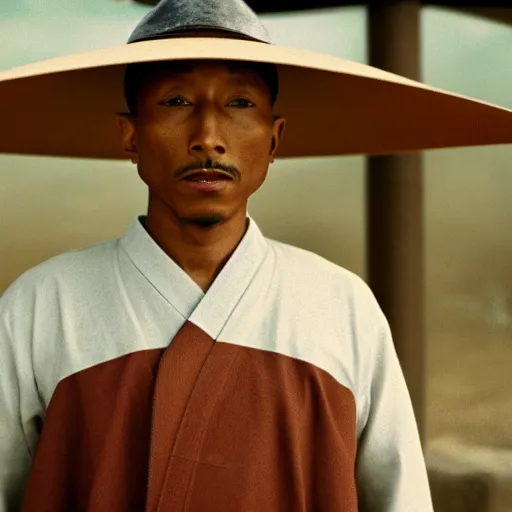 Image similar to cinematic film still Pharrell Williams starring as a Samurai holding fire, Japanese CGI, VFX, 2003, 40mm lens, shallow depth of field,film photography