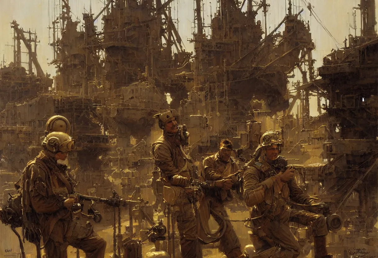 Image similar to us soldier in shipyard dieselpunk painting by gaston bussiere, craig mullins, j. c. leyendecker