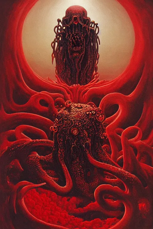 Prompt: portrait study, a realistic painting of a lovecraft cthulhu creature inside a singular portal hell gate, shining its light across a tumultuous sea of red fluids and skulls by zdzisław beksinski and h. r. giger
