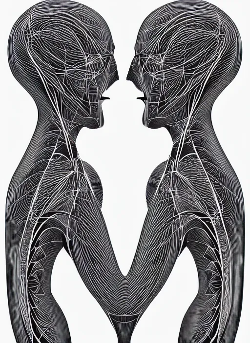 Image similar to vector art by hr giger, perfectly centered symmetrical balanced male and female portrait of man and woman in love sharing one heart. high coherence ; fractal geometrical 8 k ultra hd