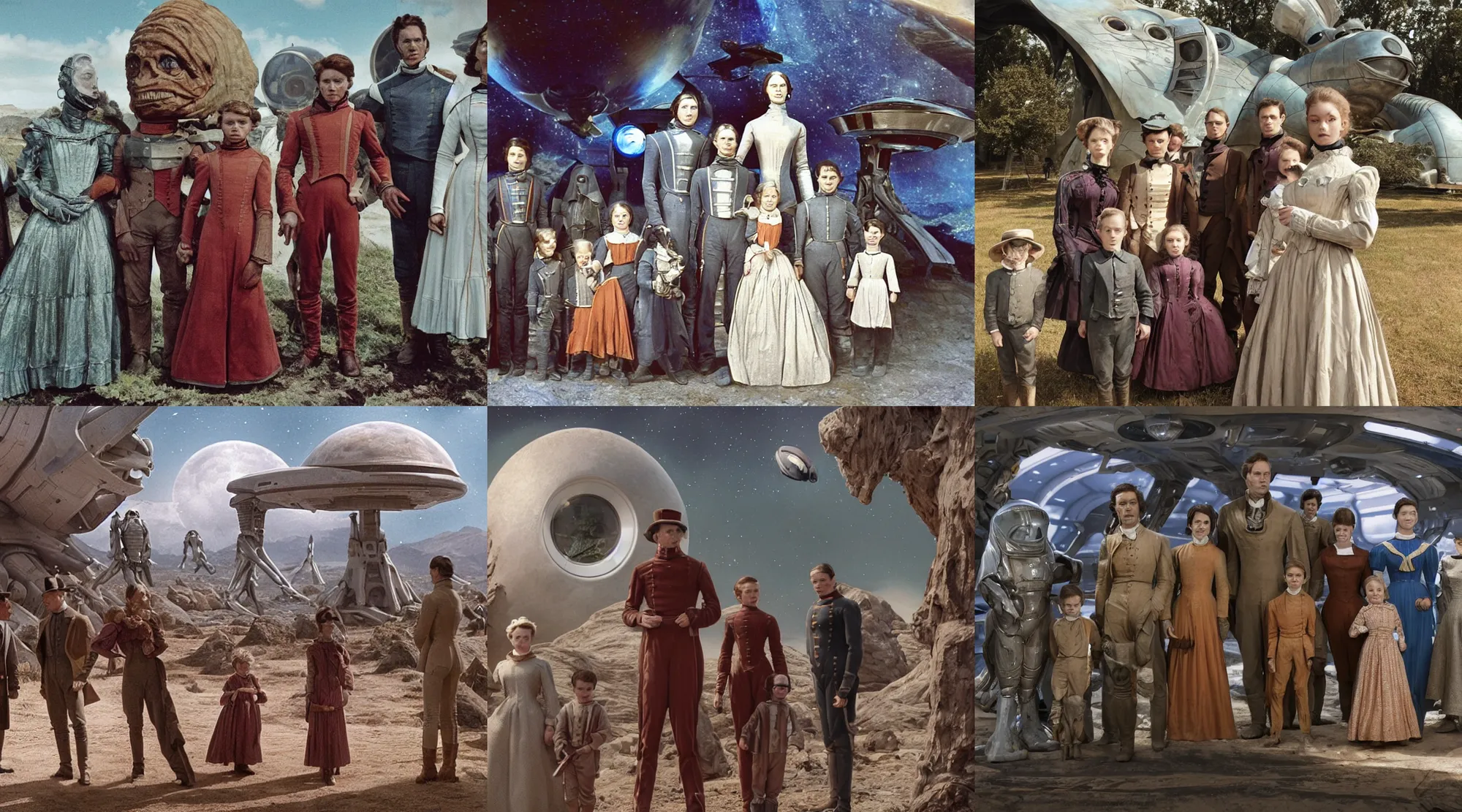 Prompt: sharp, highly detailed, 256k film still from a sci fi blockbuster color movie made in 2022, set in 1860, of a family standing in front of a spaceship that has just landed on an alien planet, a humanoid alien creature stands nearby, the family are all wearing 1850s era clothes, cinematic lighting, human faces, extremely good lighting, winner of seven oscars
