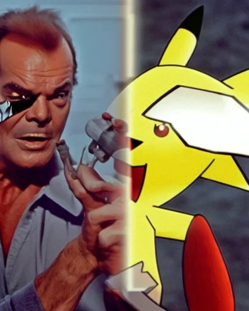 Image similar to Jack Nicholson plays Pikachu Terminator, scene where his inner exoskeleton is visible and his eye glows red, film poster