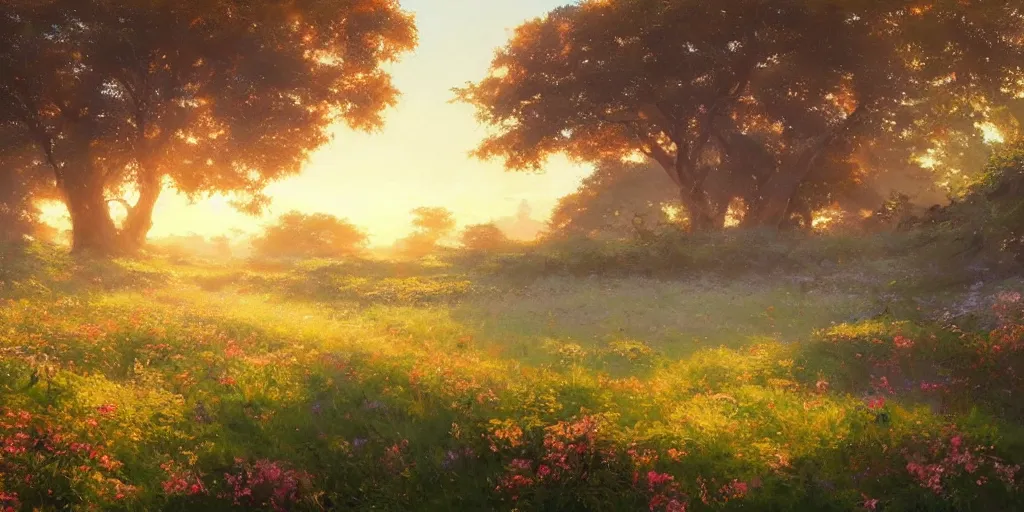 Prompt: an extraordinarily beautiful oil painting of a landscape in spring during sunrise ; lush vegetation ; the most beautiful painting in the world ; by makoto shinkai and craig mullins and salvador dali