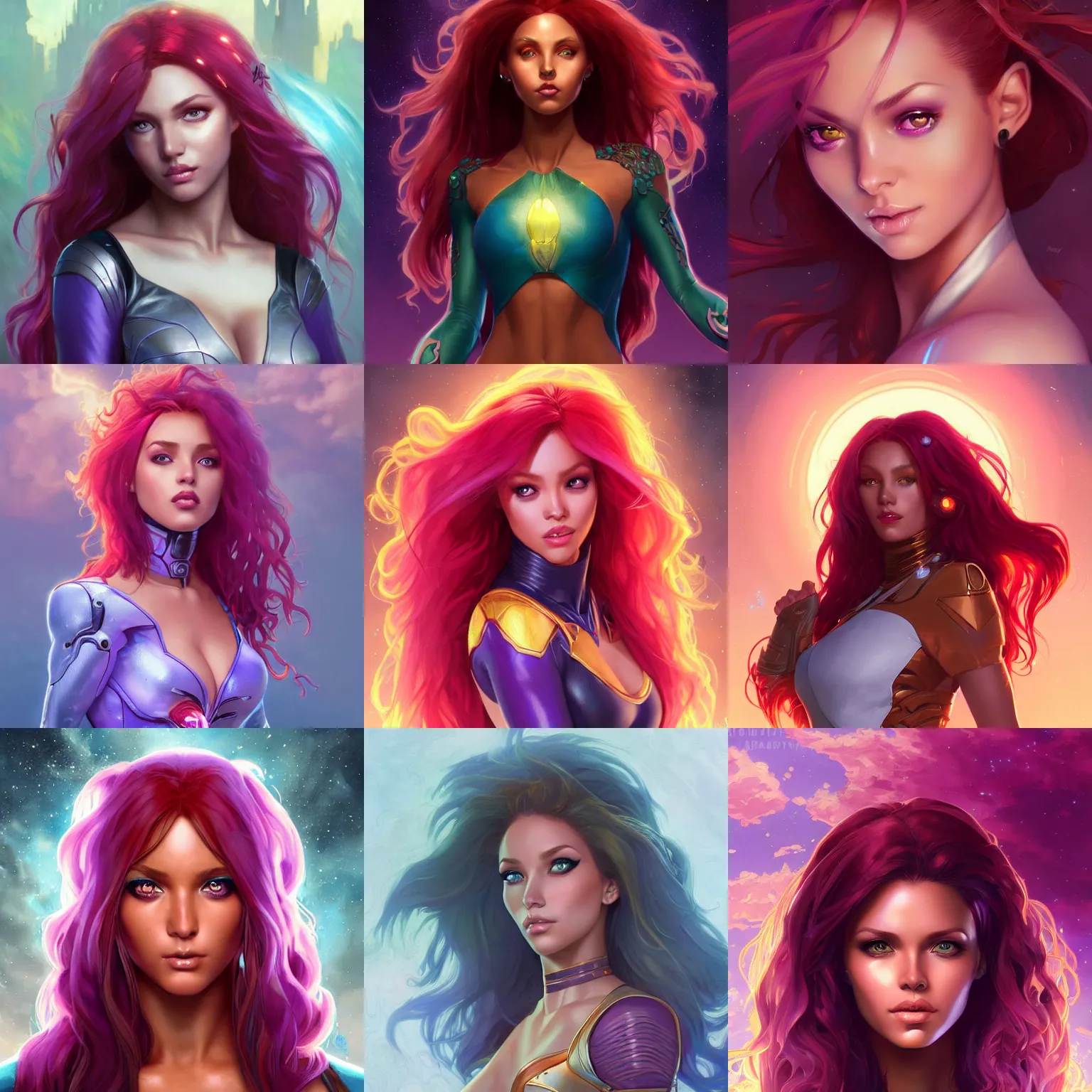 Prompt: adorable Starfire portrait, Mark Edward Fischbach, intricate, highly detailed, digital painting, artstation, concept art, smooth, sharp focus, illustration, Unreal Engine 5, 8K, art by artgerm and greg rutkowski and alphonse mucha