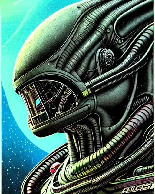 Prompt: alien, character portrait, portrait, close up, concept art, intricate details, highly detailed, vintage sci - fi poster, retro future, vintage sci - fi art, in the style of chris foss, rodger dean, moebius, michael whelan, and gustave dore