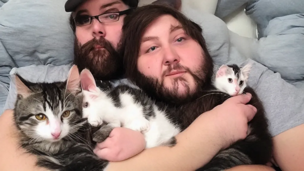 Prompt: Fat neckbeard with his egirl kitten