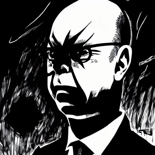 Image similar to Klaus Schwab looking sinister, by Tsutomu Nihei, highly detailed