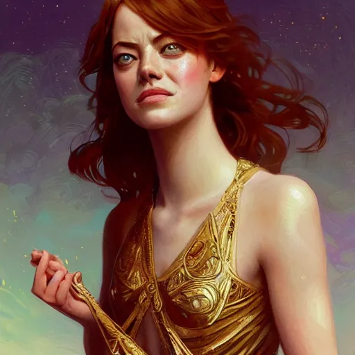 Prompt: Emma Stone as a Greek goddes, gorgeous, amazing, muscular, intricate, highly detailed, digital painting, artstation, concept art, sharp focus, illustration, art by greg rutkowski and alphonse mucha