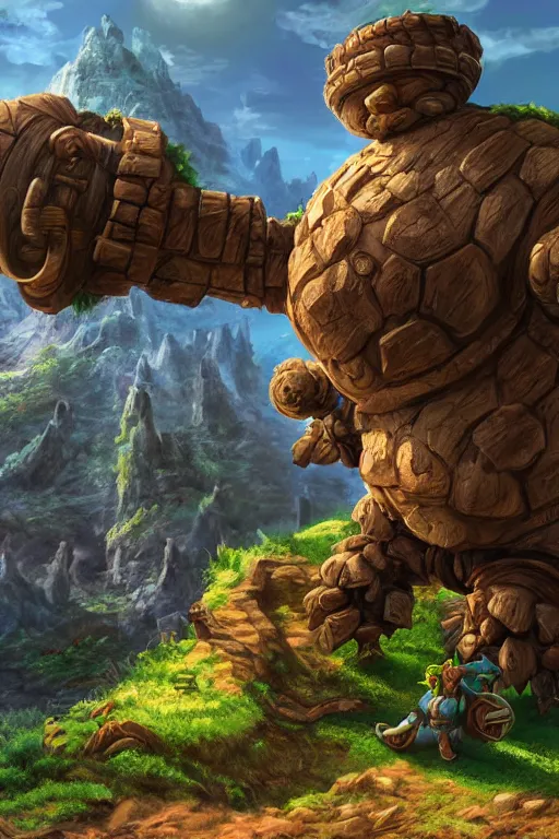 Image similar to zelda fantasy art giant golem troll wood rock greeble gemstone, global illumination ray tracing hdr fanart arstation by sung choi and eric pfeiffer and gabriel garza and casper konefal