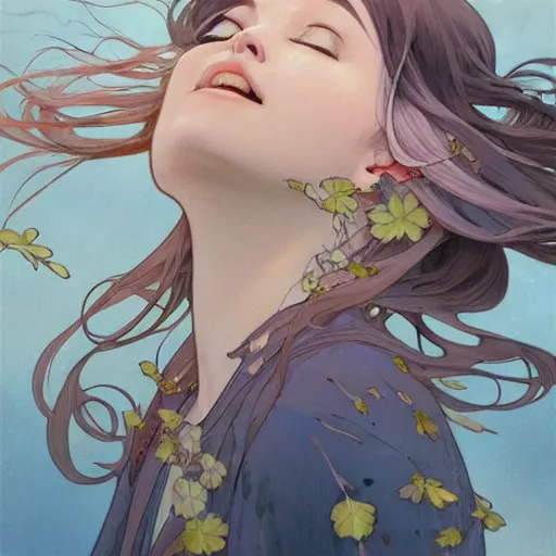 Image similar to looking up as flower petals flow gently as a breeze blows them from left to right on a cloudy day with blue skies, art by artgerm and greg rutkowski and magali villeneuve and alphonse mucha and rossdraws and makoto shinkai, d & d, fantasy, highly detailed, digital painting, trending on artstation, concept art, sharp focus, illustration