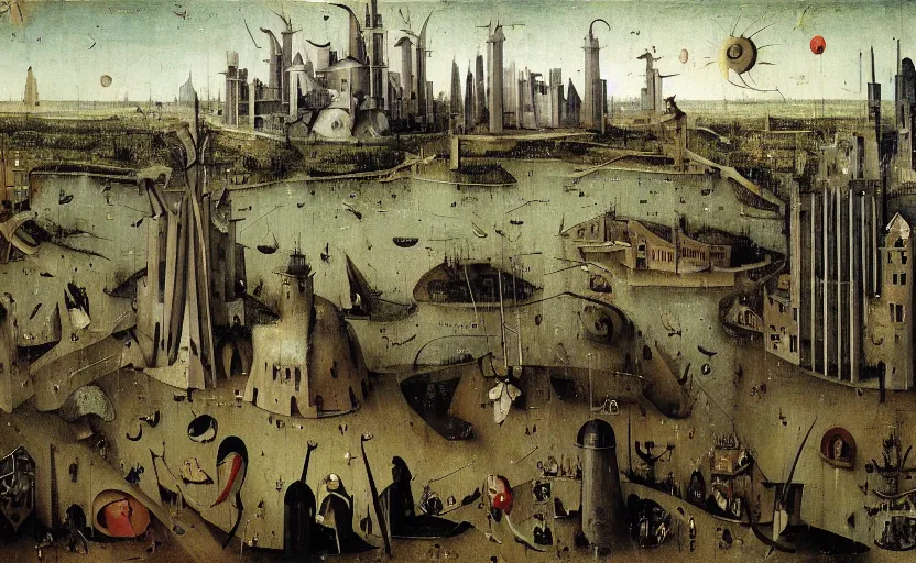 Prompt: A mysterious brutalist city by Hieronymus Bosch