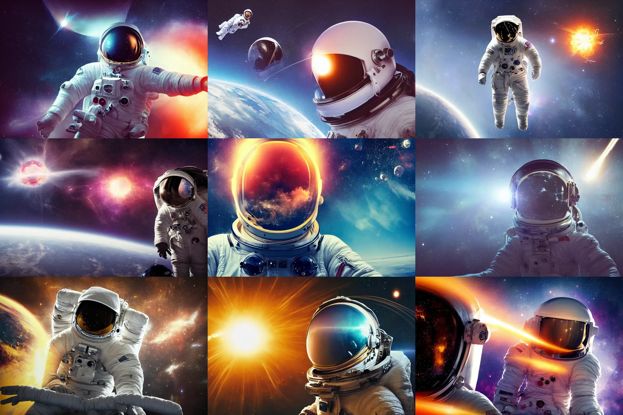Prompt: a photograph of an astronaut floating in space with reflection of a space explosion visible in helmet, science fiction, brilliant reflections, detailed space suit, cinematic, hypermaximalist, detailed, 4 k, 8 k, breathtaking stars, surrealism, distant, concept art, digital art, sharp focus, reflections, rtx, octane render, acid pixie, trending on deviantart