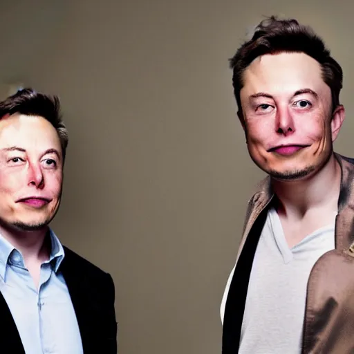 Prompt: A portrait Elon Musk teams up with a teenage Elon Musk, perfect faces, 50 mm, award winning photography