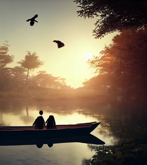 Prompt: three humans in a boat with a reflection of three crows in the chilean swamp, volumetric lighting, fog, majestic light, octane render, ethereal glare of the sun, hyperrealistic, epic, masterpiece, by makoto shinkai