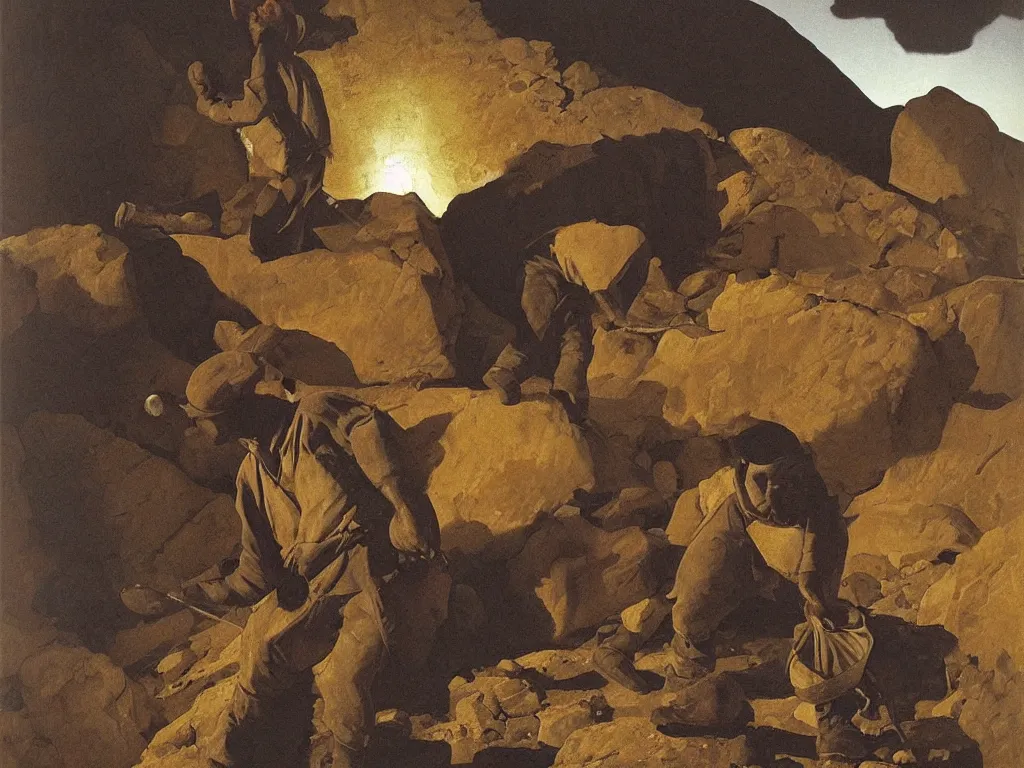 Image similar to Worker of the gold mines pushing a boulder. Night. Painting by Georges de la Tour, Sebastiao Salgado