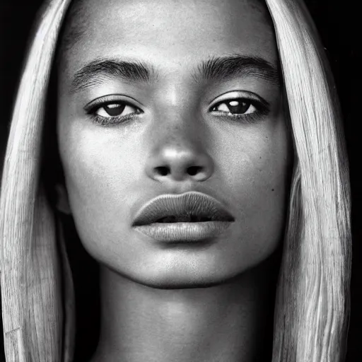 Prompt: black and white vogue closeup portrait by herb ritts of a beautiful female model, mixed race, high contrast