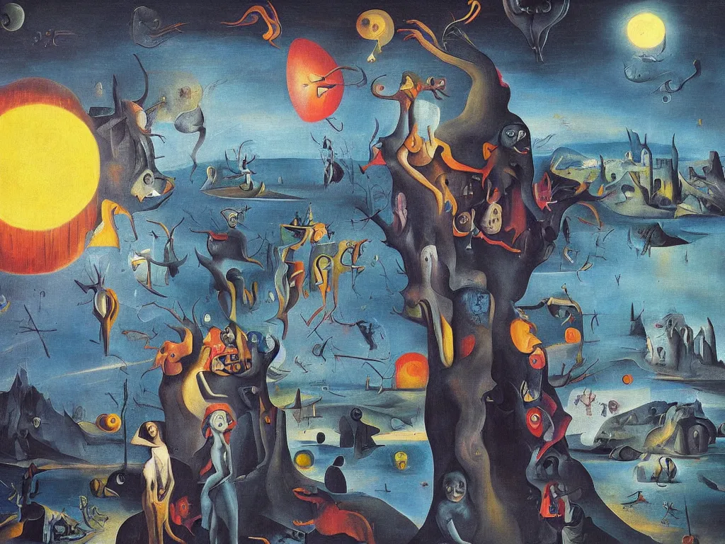 Prompt: bright dramatic lighting colorful surrealist oil painting titled'mama here comes midnight with the dead moon in its jaws must be the big star about to fall ', magical realism symbolist, ruined city landscape with hybrid animal protagonist, painted by salvador dali and hieronymous bosch and max ernst, shocking detail trending on artstation 8 k