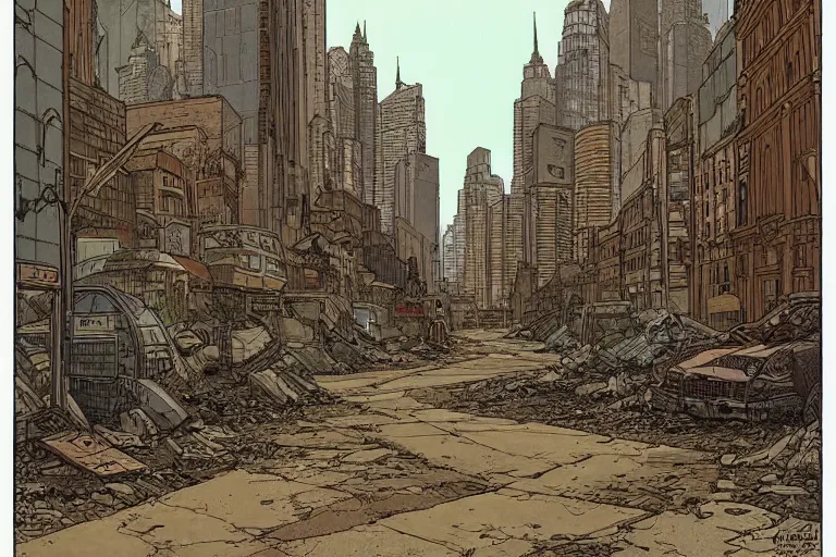 Prompt: a drawing of a post apocalyptic city street by Moebius