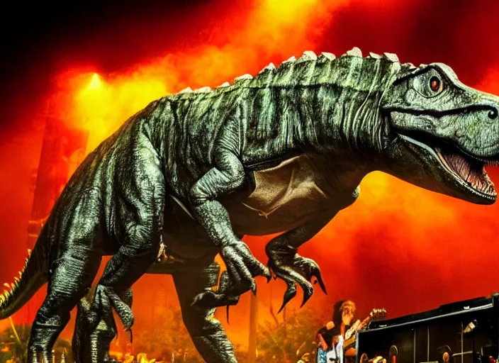 Prompt: scene is jurassic park concert. many dinosaurs are rock band on stage. close up of guitar played by tyrannosaurus rex is rocking out on the bass guitar on stage in the spotlight smoke and pyrotechnics