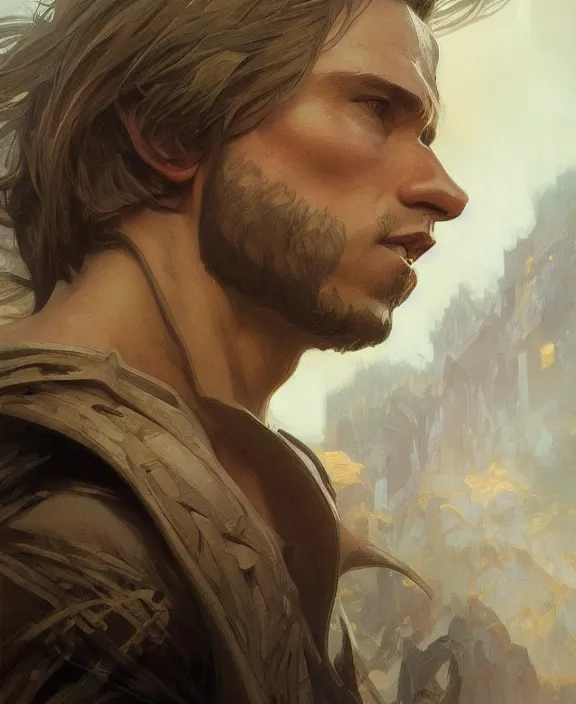 Image similar to portrait close up of guy, concentrated look, symmetry, with an explosion on the back, d & d, fantasy, intricate, elegant, highly detailed, digital painting, artstation, concept art, art by artgerm and greg rutkowski and alphonse mucha, boris vallejo