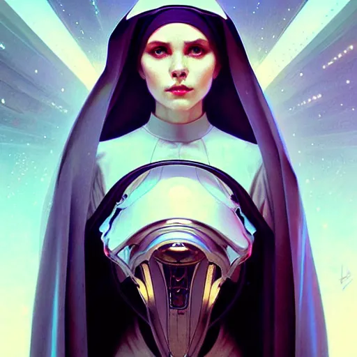 Image similar to futuristic nun, sci-fi, fantasy, intricate, elegant, highly detailed, digital painting, artstation, concept art, smooth, sharp focus, illustration, art by artgerm and greg rutkowski and alphonse mucha