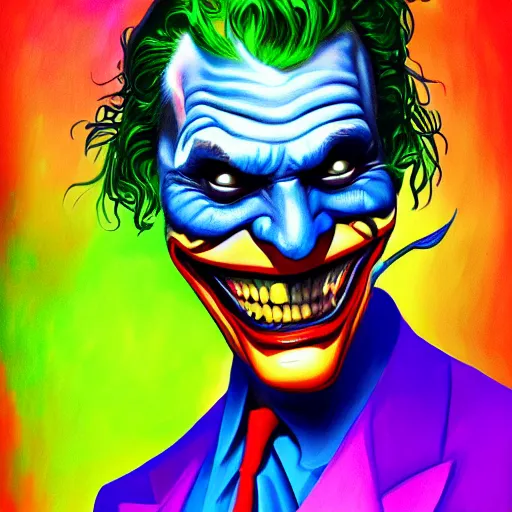 Prompt: an extremely psychedelic portrait of the joker as batman, surreal, lsd, face, detailed, intricate, elegant, lithe, highly detailed, digital painting, artstation, concept art, smooth, sharp focus, illustration,