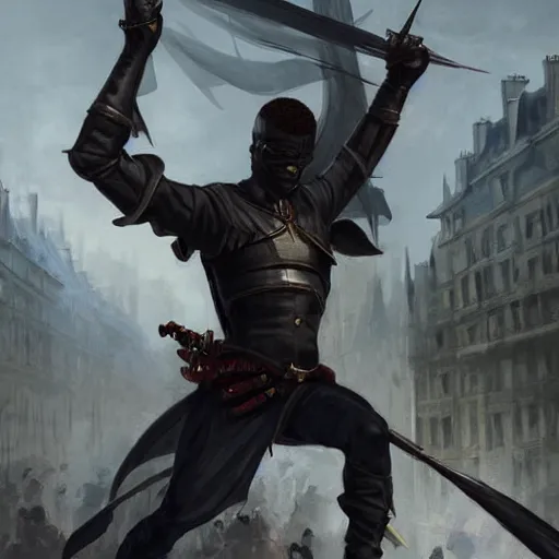 Image similar to a black male rogue fighting with guards in a fantasy paris 1700, symmetric face, hyperrealism, epic fantasy digital art, fantasy style art, by Greg Rutkowski, fantasy magic the gathering card art style