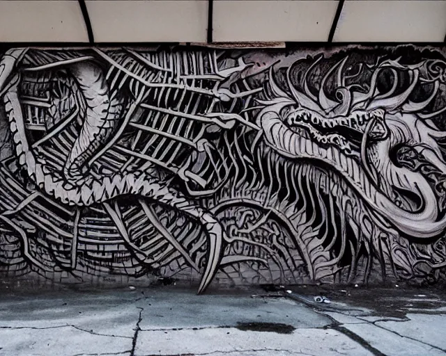 Prompt: a wall that has some lovecraftian graffiti on it inspired by wretched dragon rib cage.