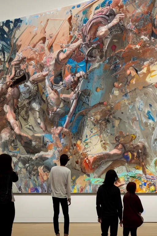 Image similar to Oil painting of people looking at a large graffiti painting in a contemporary museum, intricate, highly detailed, smooth, artstation, painting by moebius and james jean and Artgerm and yoshitaka Amano and Greg Rutkowski and Zdislav Beksinski